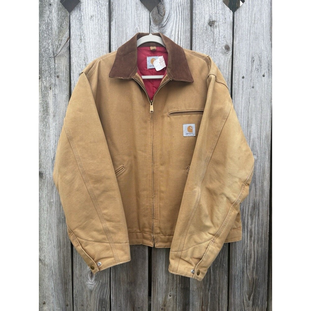 Vintage 90s Carhartt 6QLJ Red Quilt Lined Detroit Jacket Brown Duck USA 46 XL